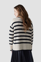 WHITE STRIPED FUNNEL NECK SWEATER