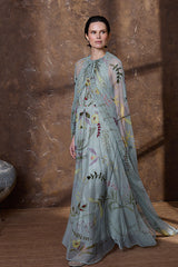 BLUISH-GREY EMBROIDERED TULLE DRESS
