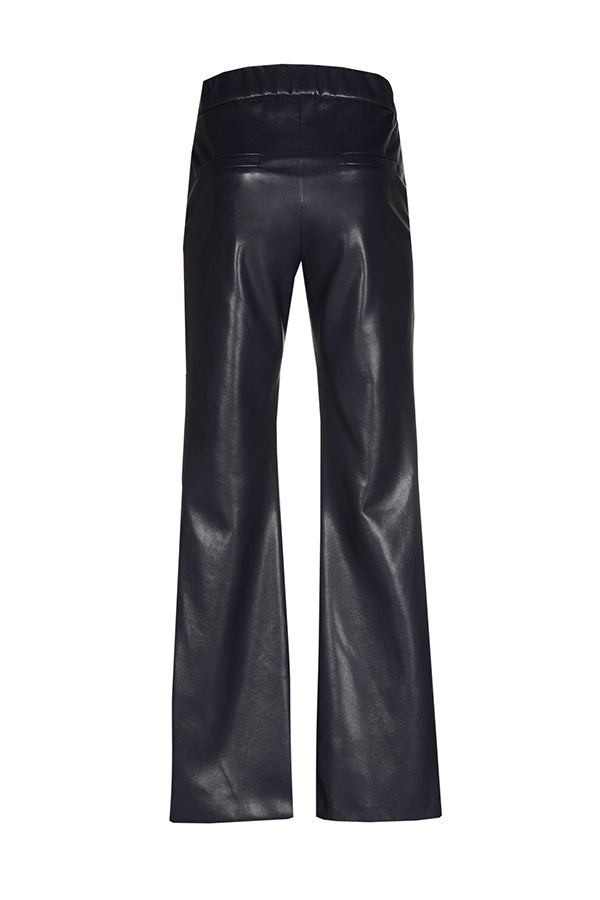 NAVY BOOTCUT ECO LEATHER ELASTIC WAIST TROUSERS