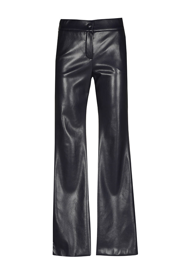 NAVY BOOTCUT ECO LEATHER ELASTIC WAIST TROUSERS