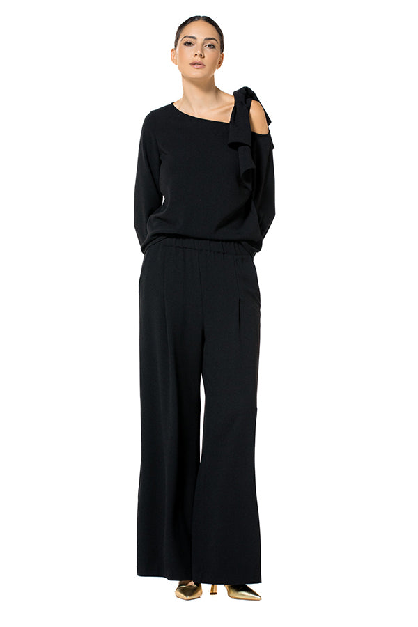 BLACK WIDE ELASTIC WAIST TROUSERS