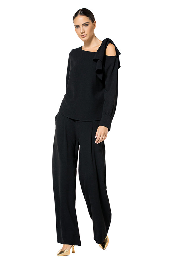 BLACK WIDE ELASTIC WAIST TROUSERS