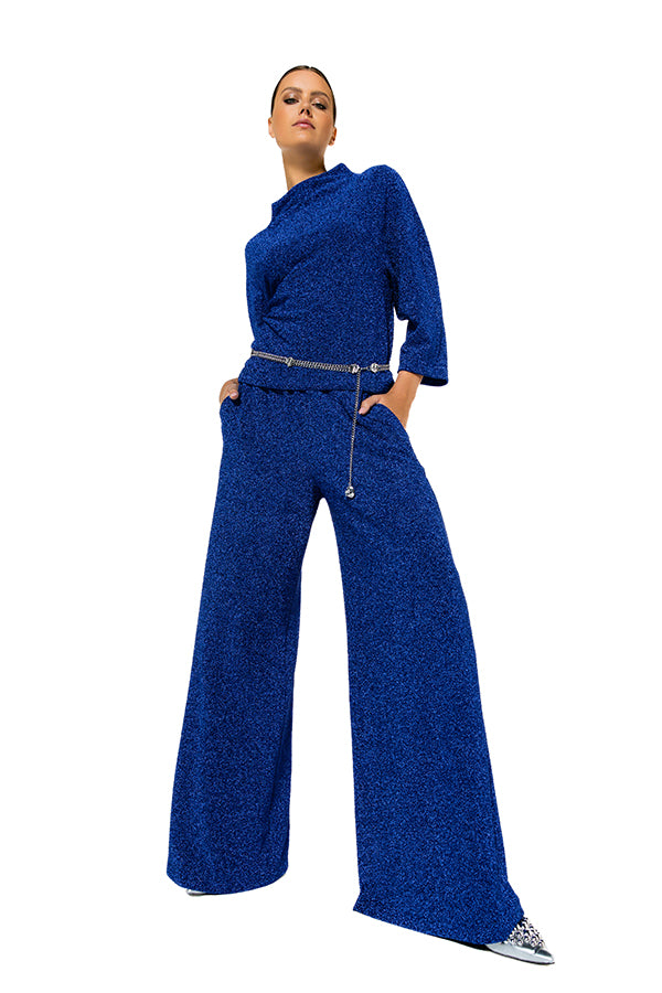 BLUE JERSEY LUREX PALAZZO TROUSERS