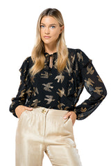 SWALLOW PRINT LOOSE FLOUNCE BLOUSE