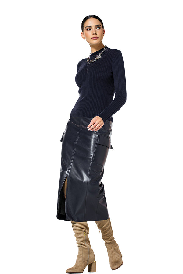 NAVY ECO LEATHER MIDI SKIRT