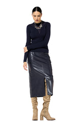 NAVY ECO LEATHER MIDI SKIRT