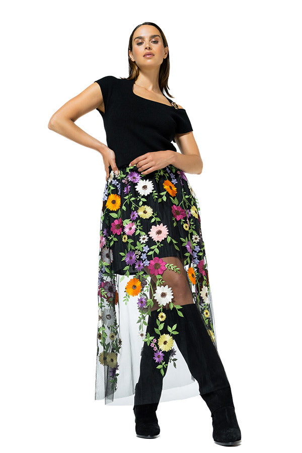 EMBROIDERY SHEER TULLE MIDI SKIRT