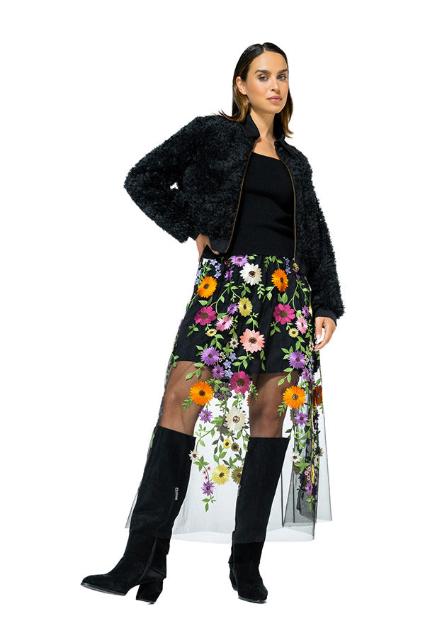 EMBROIDERY SHEER TULLE MIDI SKIRT