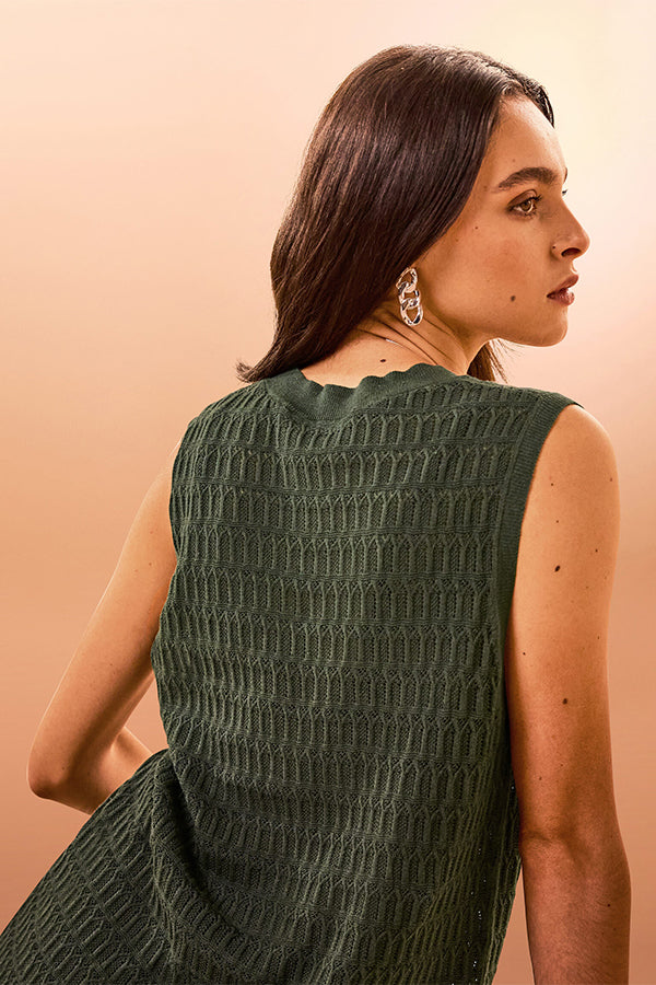 KAKI OPENWORK SLEEVELESS SWEATER