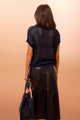 NIGHT BLUE OPENWORK SHORT-SLEEVE SWEATER