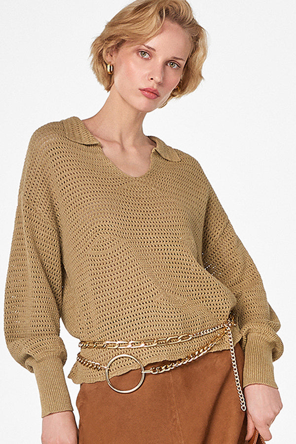 OPENWORK POLO COLLAR SWEATER