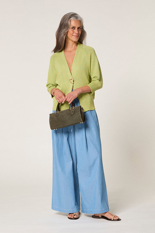 LIME GREEN MOTTLED COTTON OPEN-FRONT CARDIGAN