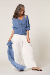 INDIGO BLUE MOTTLED COTTON OPEN-FRONT CARDIGAN