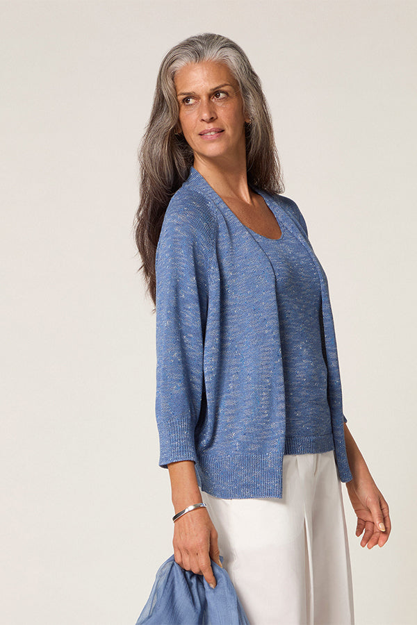 INDIGO BLUE MOTTLED COTTON OPEN-FRONT CARDIGAN