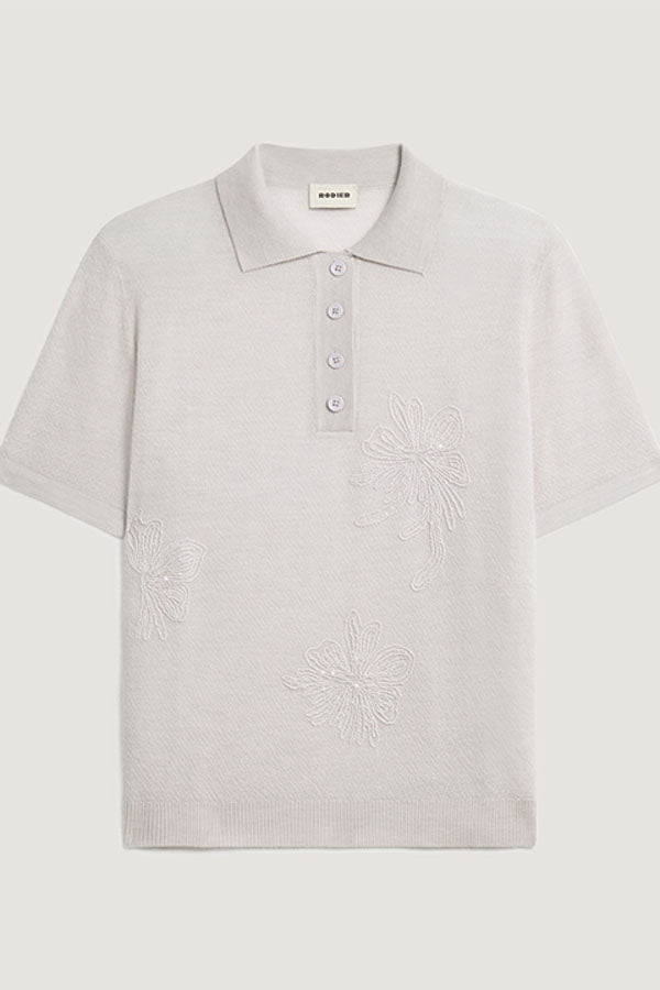 WHITE SHORT SLEEVED EMBROIDERED MERINO WOOL POLO