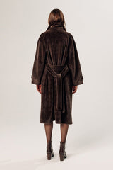 DARK BROWN LONG FAUX FUR COAT