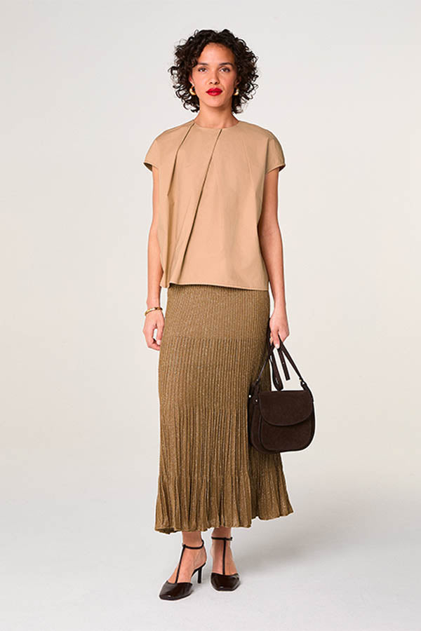 MOCHA LUREX MESH LONG PLEATED SKIRT