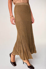 MOCHA LUREX MESH LONG PLEATED SKIRT