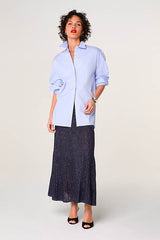 NAVY LUREX MESH LONG PLEATED SKIRT