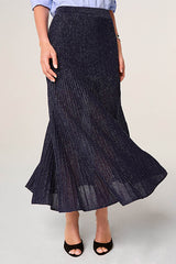 NAVY LUREX MESH LONG PLEATED SKIRT