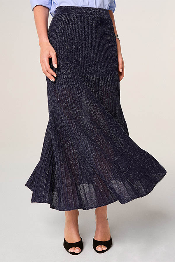 NAVY LUREX MESH LONG PLEATED SKIRT