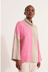 ALPES  PINK MERINO WOOL INTARSIA CASHMERE KNIT SWEATER