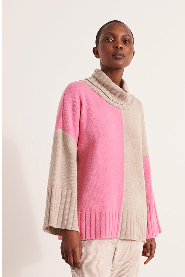 ALPES  PINK MERINO WOOL INTARSIA CASHMERE KNIT SWEATER