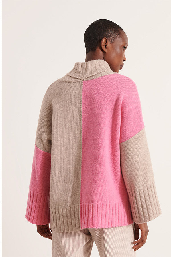 ALPES  PINK MERINO WOOL INTARSIA CASHMERE KNIT SWEATER