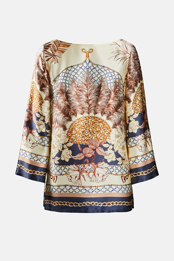 BEATRIZ FEATHER PRINT SILK BLOUSE