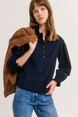 LORRAINE BLUE RUFFLED CORDUROY BLOUSE