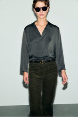 LOREA KHAKI GREEN SHIRT COLLAR SATIN BLOUSE
