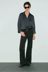 LOREA KHAKI GREEN SHIRT COLLAR SATIN BLOUSE