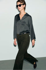 LOREA KHAKI GREEN SHIRT COLLAR SATIN BLOUSE