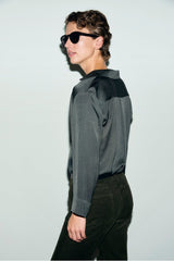 LOREA KHAKI GREEN SHIRT COLLAR SATIN BLOUSE