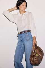 LEONE WHITE COTTON VOILE RUFFLED BLOUSE