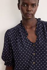 CALIEE NAVY POLKA DOT RUFFLE SHIRT