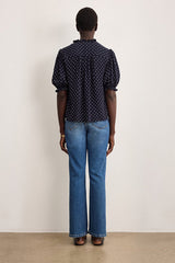 CALIEE NAVY POLKA DOT RUFFLE SHIRT