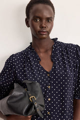 CALIEE NAVY POLKA DOT RUFFLE SHIRT