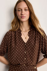 CALIEE TAUPE POLKA DOT RUFFLE SHIRT