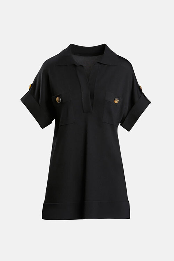 CAPENA BLACK KNIT POLO TOP