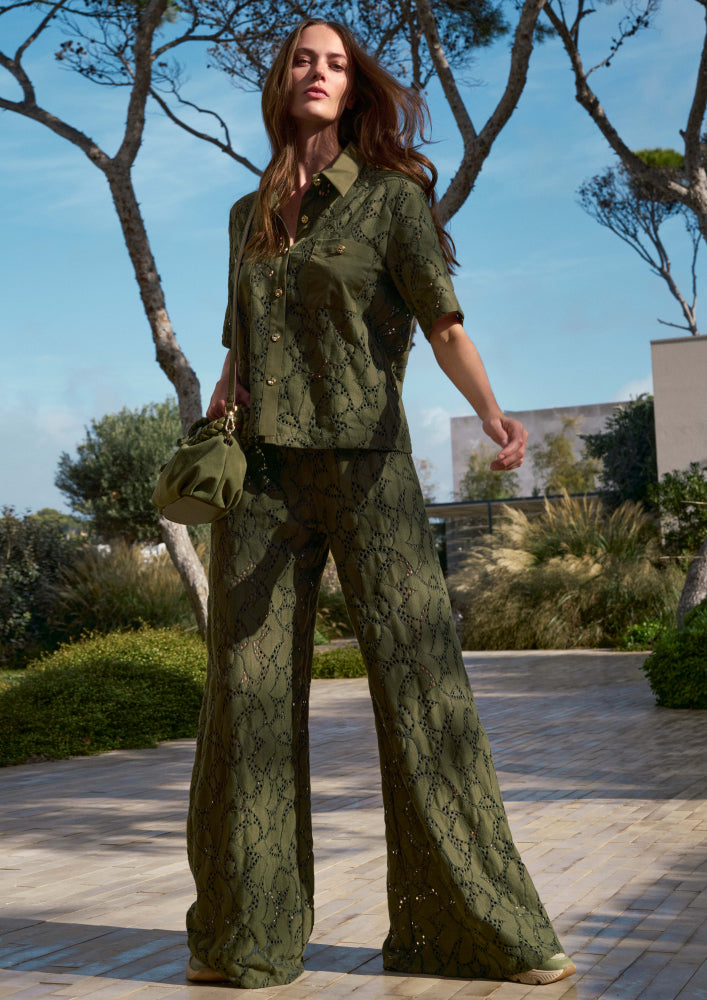 KHAKI LACE SEMI-LINED PALAZZO TROUSERS