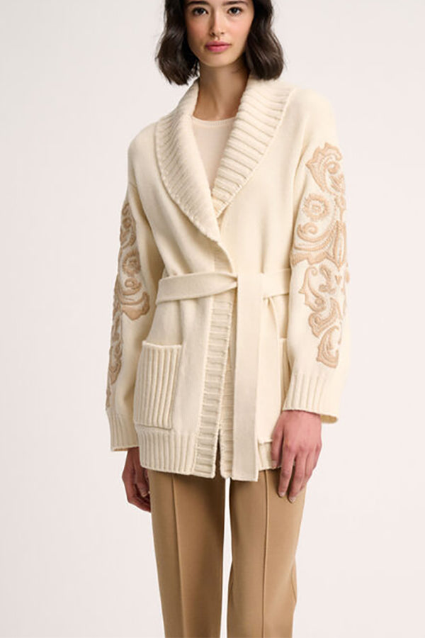 CESTELLO CREAM TONAL DAMASK EMBROIDERY KNIT JACKET