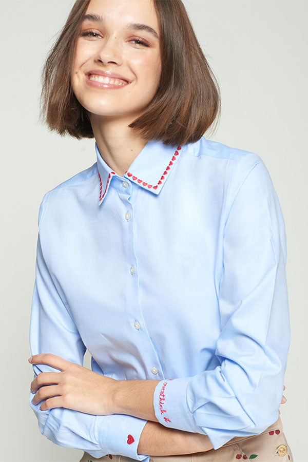 EMBROIDERED HEARTS STRIPED BLUE SHIRT