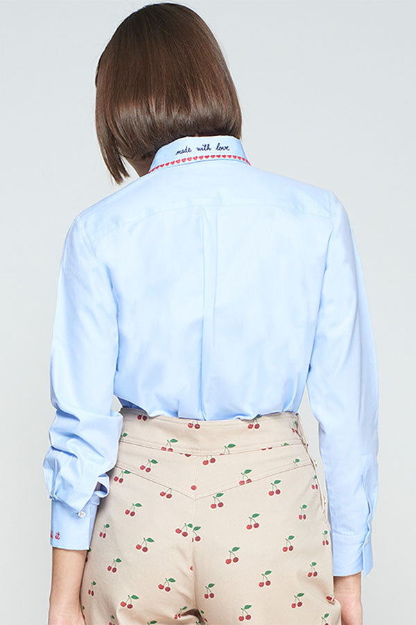 EMBROIDERED HEARTS STRIPED BLUE SHIRT
