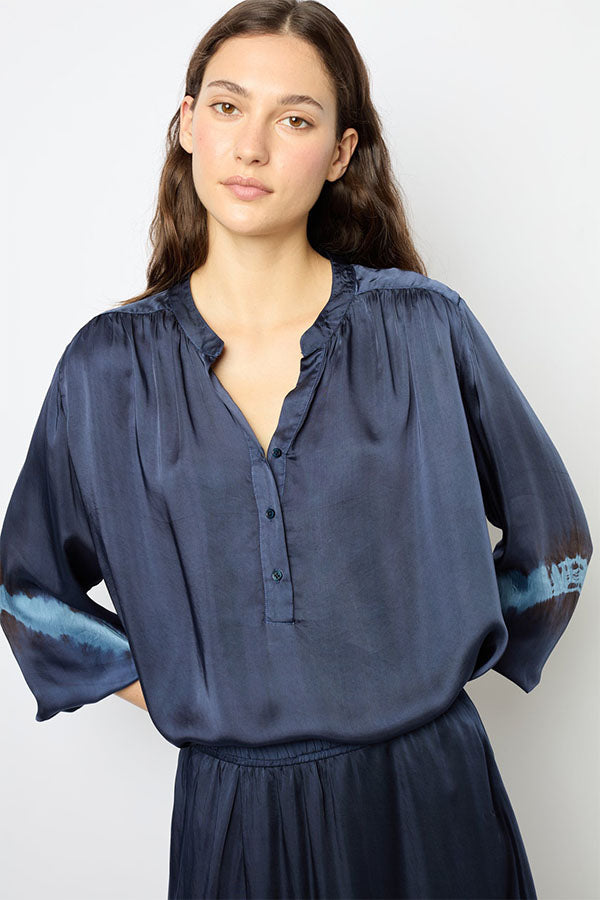 BENEDITH BLUE SATIN LOOK TIE-DYE BLOUSE