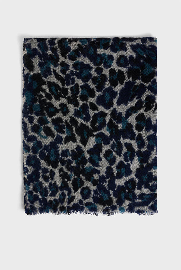 DANY BLUE WOOL CASHMERE LEOPARD SCARF