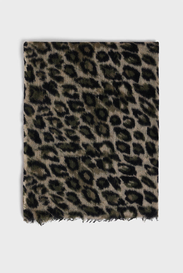 DANY KAKI WOOL CASHMERE LEOPARD SCARF