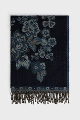 DORINE BLUE WOOL LARGE FLOWER PRINT SCARF