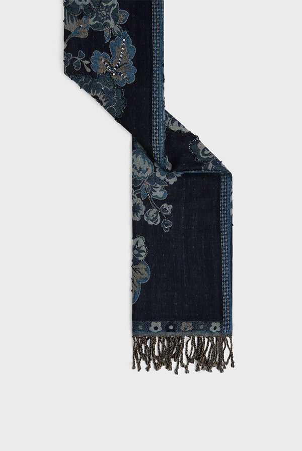 DORINE BLUE WOOL LARGE FLOWER PRINT SCARF