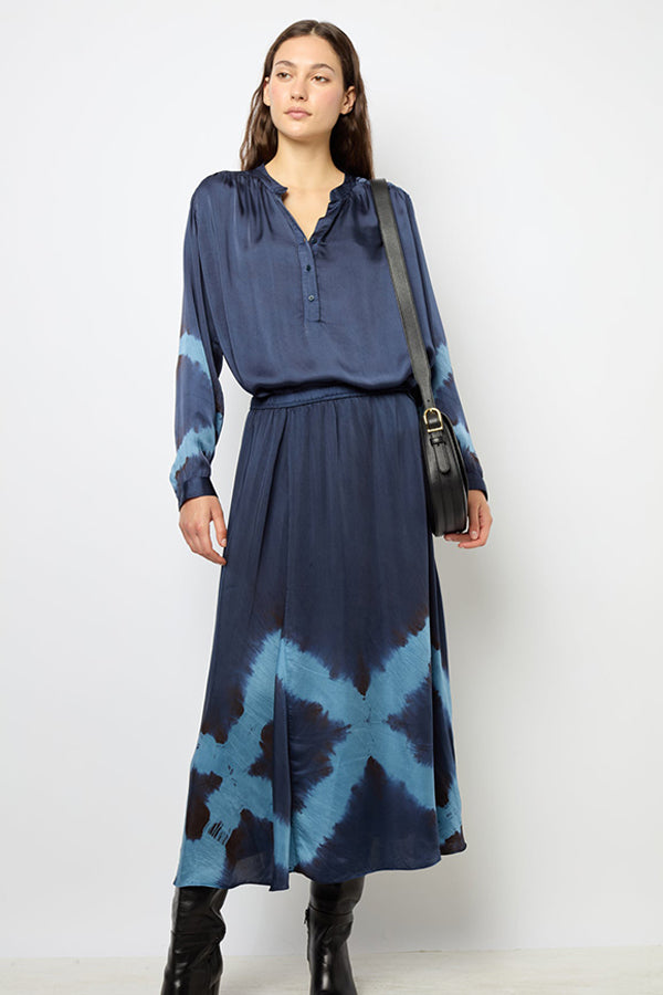 CATRIONA NAVY TIE DYE PRINT MIDI SKIRT